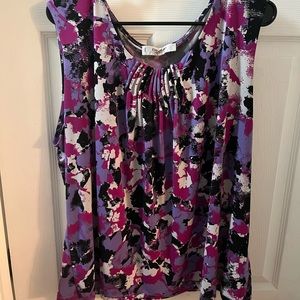 Magenta, purple,white paint splat pattern dress shirt with ribbed detail on neck